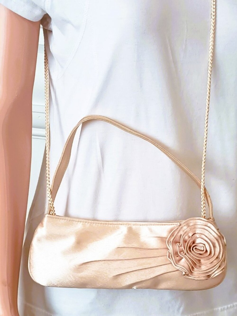 Kate Landry Pink Satin Handbag Pleated with Ribbon Rose Braided Crossbody Strap